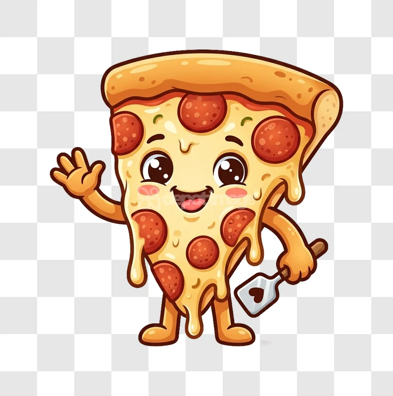 Cute Cartoon Pizza Slice Waving Friendly cartoon style transparent background