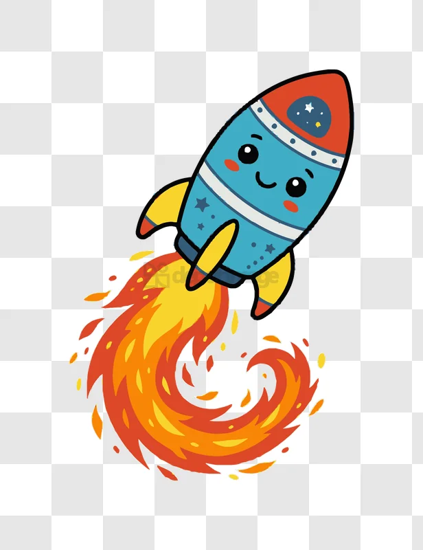 Cute Cartoon Rocket Blasting Off Upwards blue orange yellow transparent