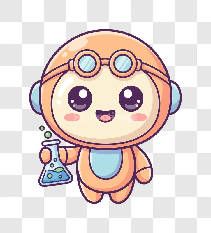 Cute Cartoon Scientist Holding Experiment Flask: adorable orange character, clear goggles, holding beaker