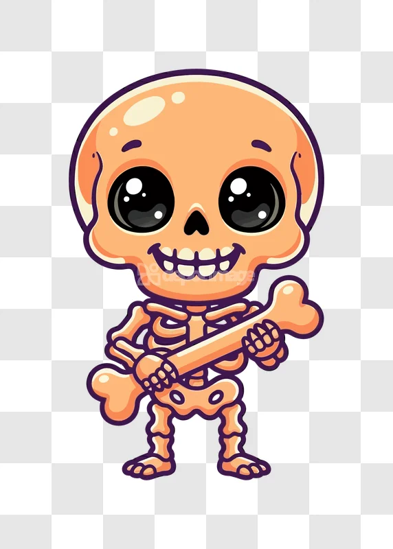 Cute Cartoon Skeleton Holding a Bone cartoon style orange bone
