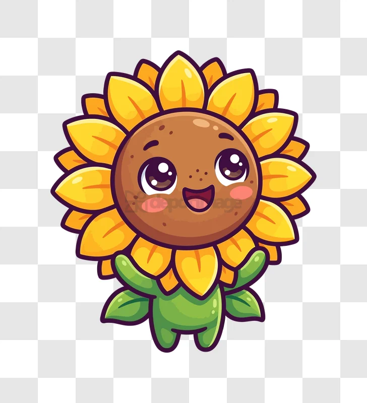 Cute Cartoon Sunflower With Big Eyes, vibrant yellow petals, brown face, green stem