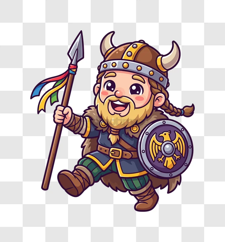 Cute Cartoon Viking Holding Spear and Shield vibrant colors transparent background