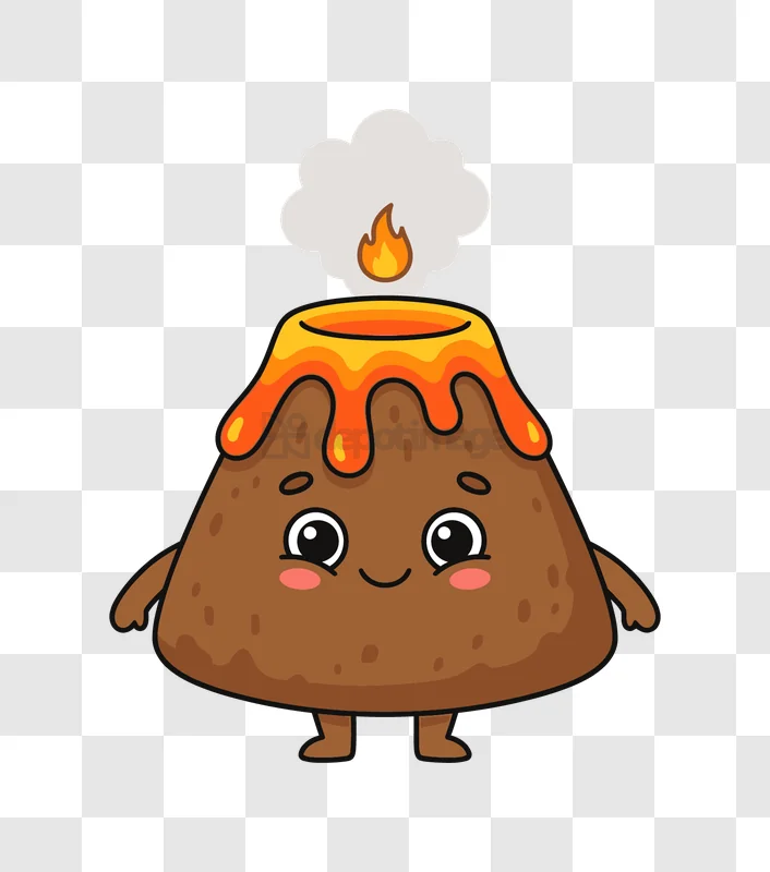 Cute Cartoon Volcano Emitting Smoke and Fire, brown orange character transparent background