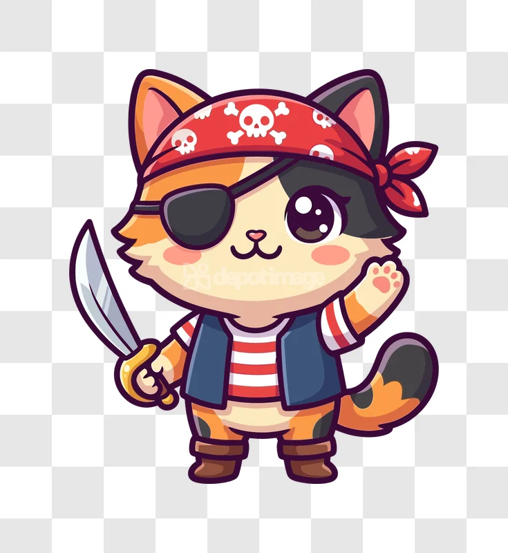 Cute Cat Pirate Holding a Sword Kawaii cartoon style transparent background