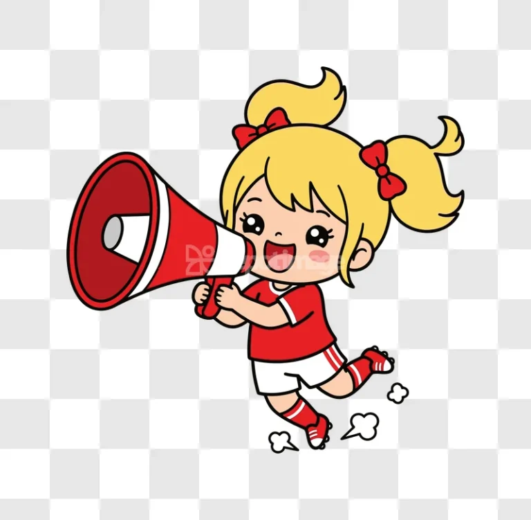 Cute Cheerleader Girl Holding Red Megaphone cartoon style transparent background