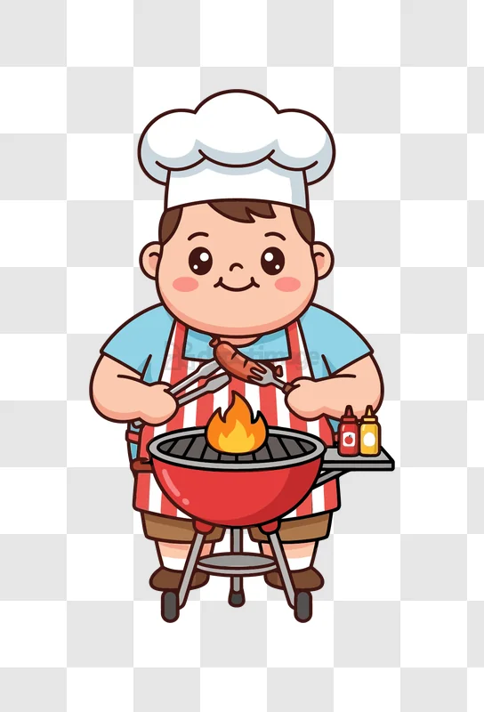 Cute Chef Grilling Sausage at Bbq: cartoon style, red apron, transparent background