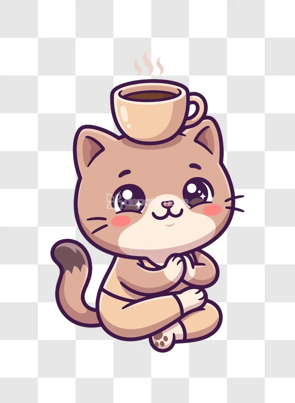 Cute Chibi Cat With Coffee Cup cartoon style transparent background