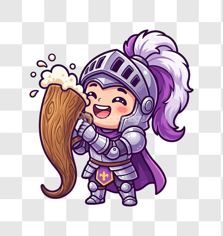 Cute Chibi Knight Drinking From Horn cartoon style transparent background, purple accents