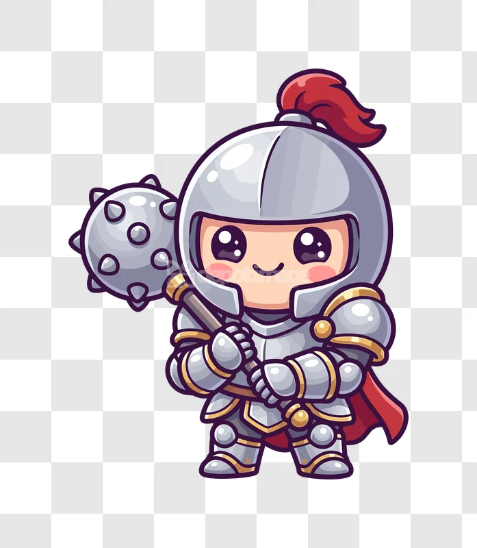 Cute Knight Holding a Mace cartoon style transparent background