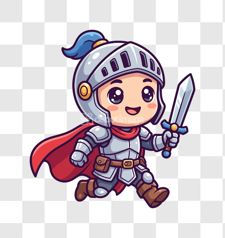 Cute Chibi Knight Running With Sword up cartoon style transparent background