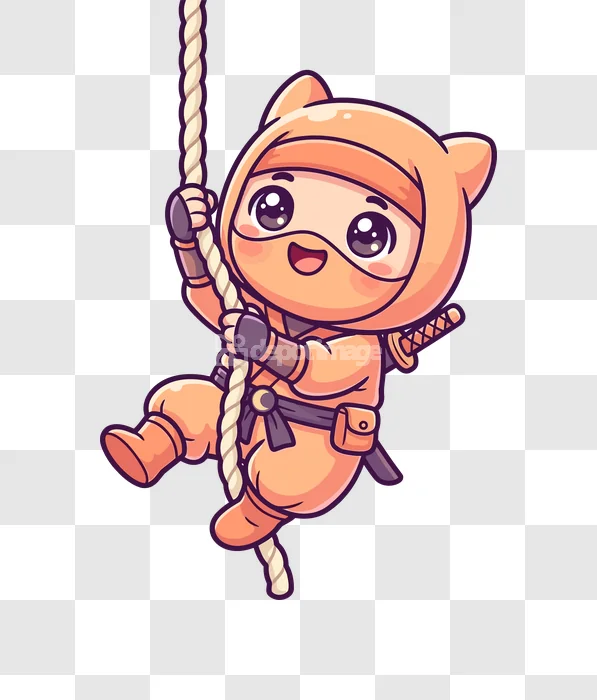 Cute Chibi Ninja Climbing Rope Smiling cartoon style orange transparent background