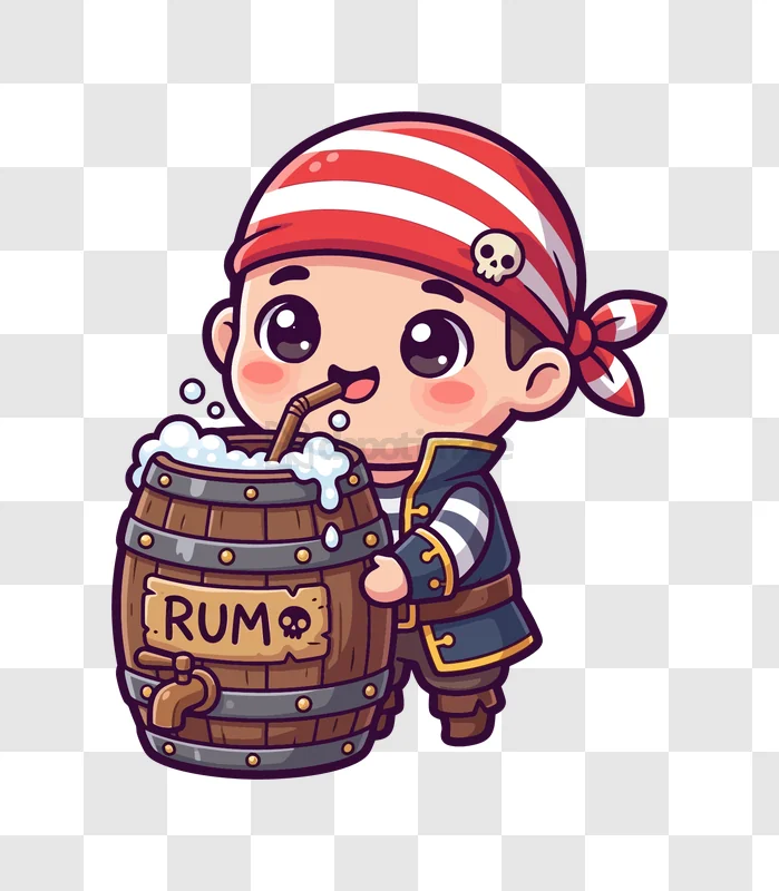 Cute Chibi Pirate Drinking Rum Barrel, cartoon style, red bandana, rum barrel