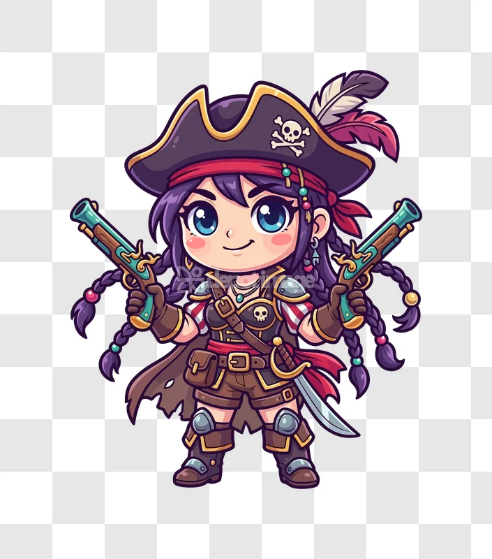 Cute Chibi Pirate Girl Holding Pistols cartoon style vibrant colors