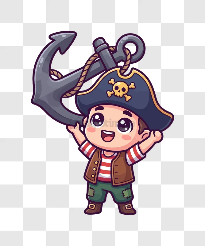 Cute Chibi Pirate Holding Large Anchor cartoon style transparent background