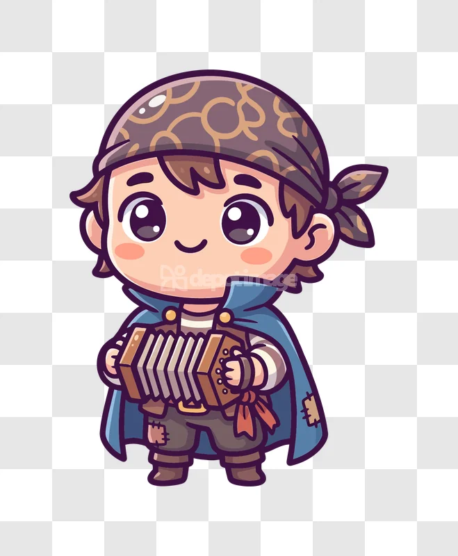 Cute Chibi Pirate Playing Accordion Instrument cartoon style, blue cape, transparent background