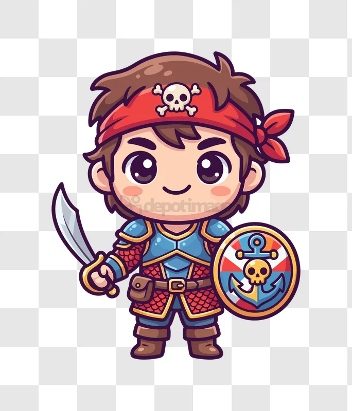 Cute Chibi Pirate With Sword and Shield cartoon style colorful transparent background