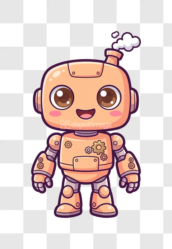 Cute Chibi Robot Steampunk Style Happy Face orange body happy expression transparent background