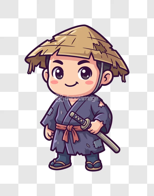 Cute Chibi Samurai Character With Katana cartoon style, brown hat, purple robe