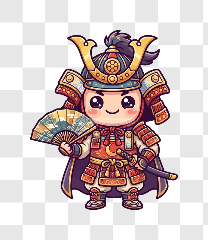 Cute Chibi Samurai Holding Japanese Fan cartoon style vibrant colors transparent background