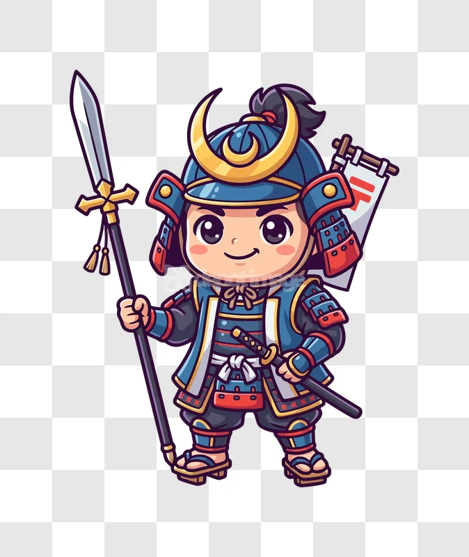 Cute Chibi Samurai Holding Spear and Katana cartoon style black background