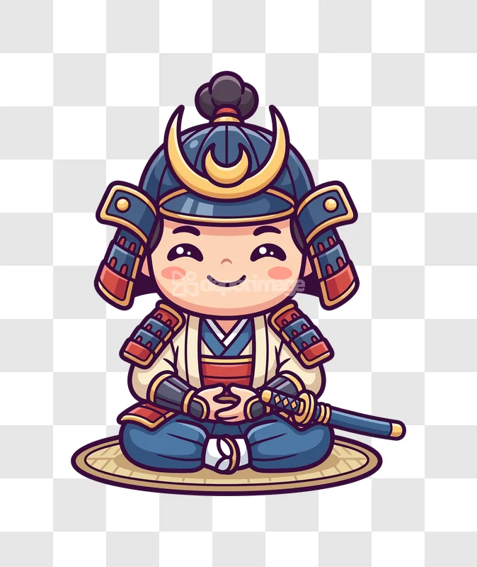 Cute Chibi Samurai Wearing Traditional Armor cartoon style transparent background
