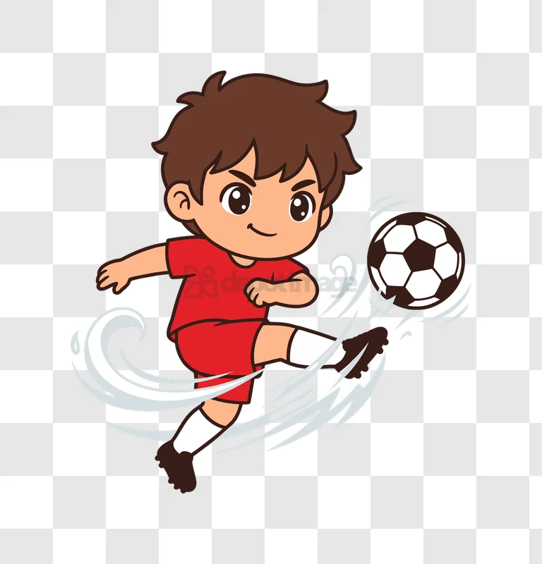 Cute Chibi Soccer Player Kicking Ball cartoon style red uniform action
