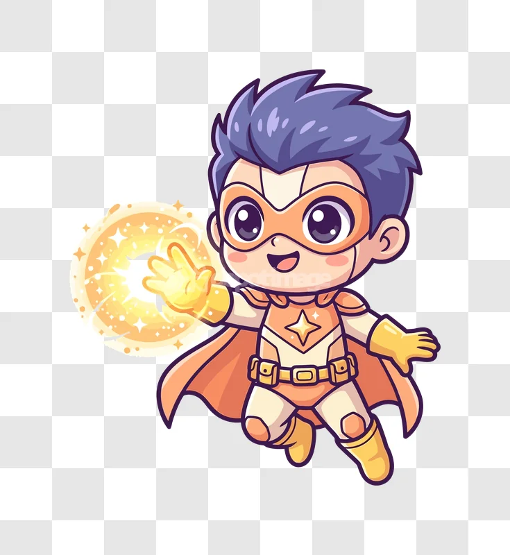 Cute Chibi Superhero Emitting Orange Power, cartoon style, orange glow, transparent background