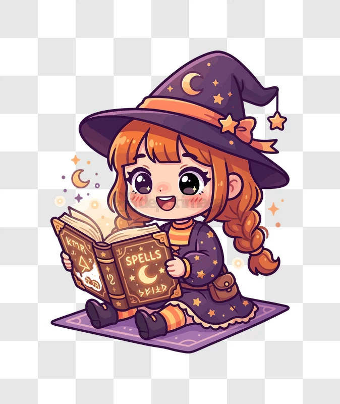 Cute Chibi Witch Reading Old Spellbook, cartoon style, purple hat, orange hair, transparent background