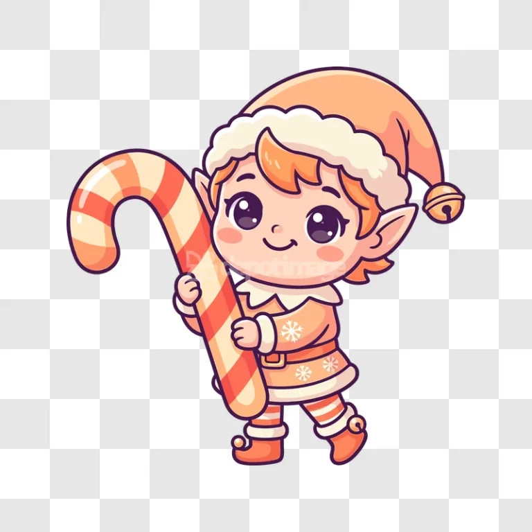 Cute Christmas Elf Holding Candy Cane cartoon style orange white