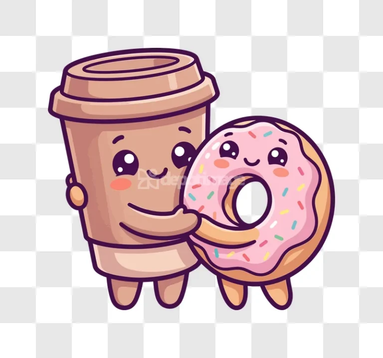 Cute Coffee Donut Friends Hugging Happily cartoon style transparent background