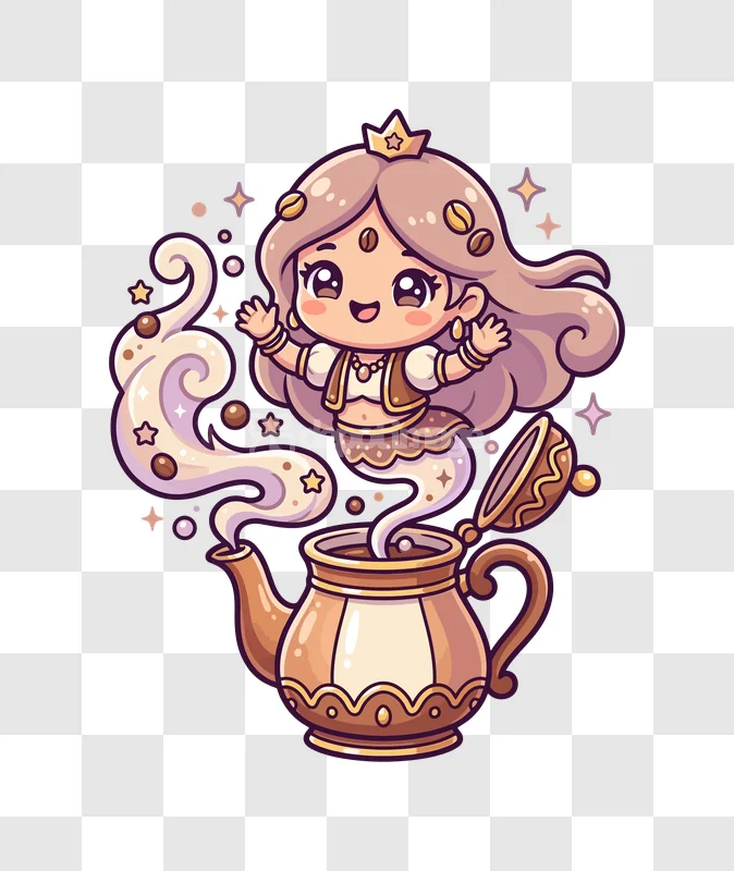 Cute Coffee Genie From Teapot chibi style brown colors transparent background