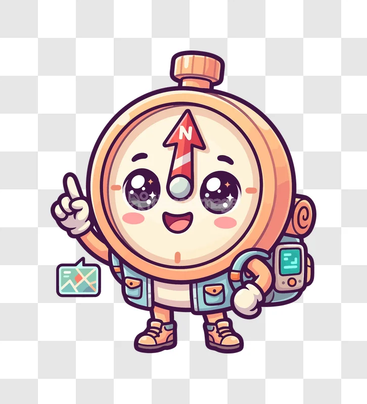 Cute Compass Character Explaining Location Travel cartoon style transparent background
