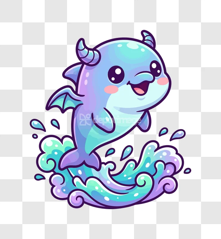 Cute Dragon Dolphin Jumping Out of Water cartoon style vibrant colors transparent