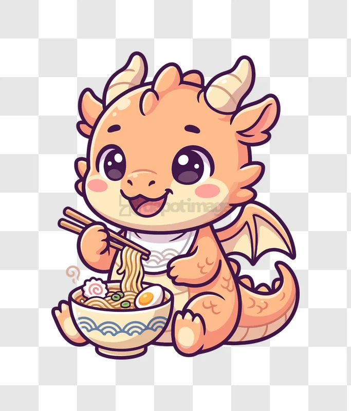 Cute Dragon Eating Ramen With Chopsticks, cartoon style, orange and white, transparent background