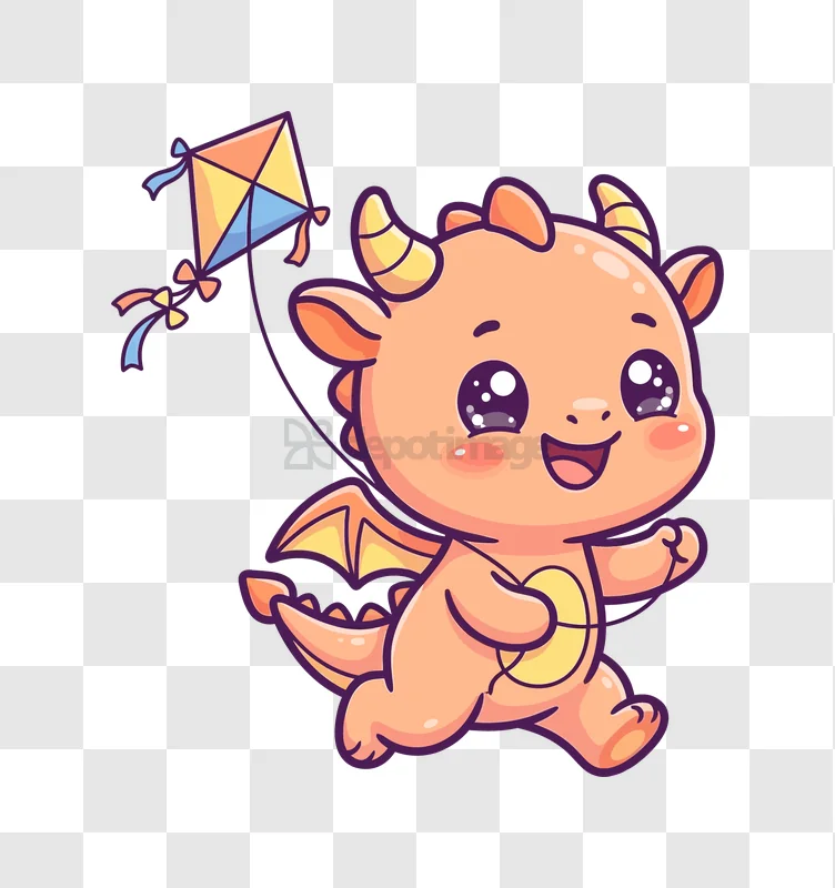 Cute Dragon Holding a Kite Smiling cartoon style orange yellow transparent background