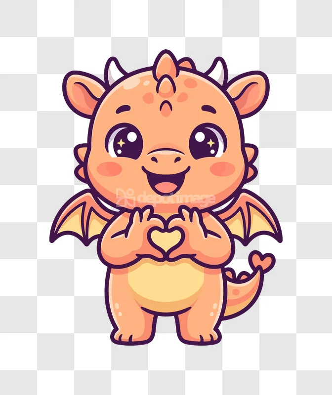 Cute Dragon Making a Heart With Hands cartoon style orange transparent background