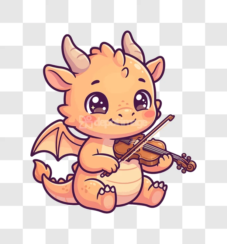 Cute Dragon Playing Violin, cartoon style orange transparent background