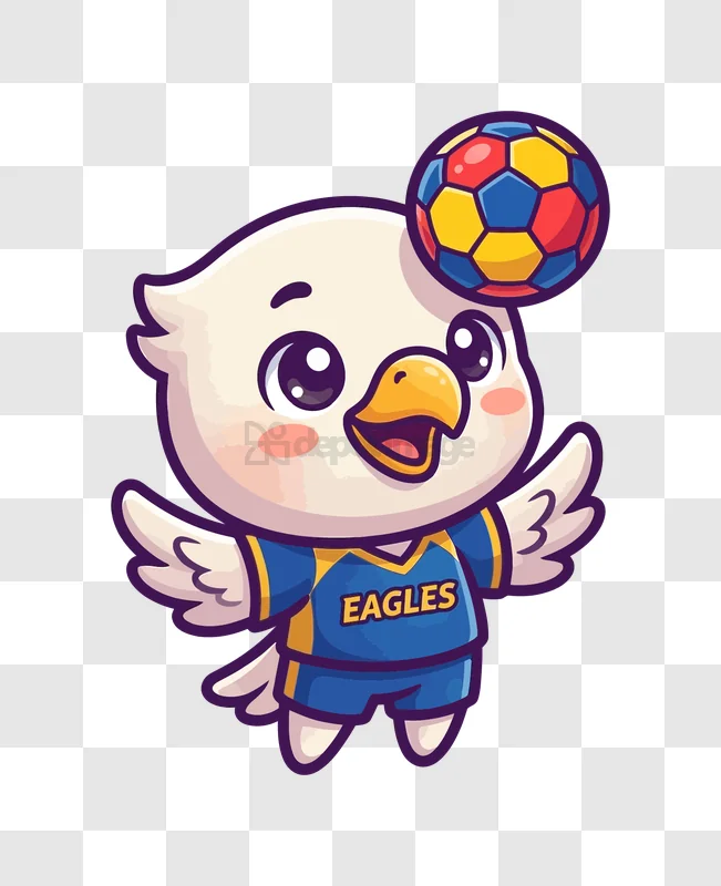 Cute Eagle Mascot Juggling Soccer Ball cartoon style blue yellow