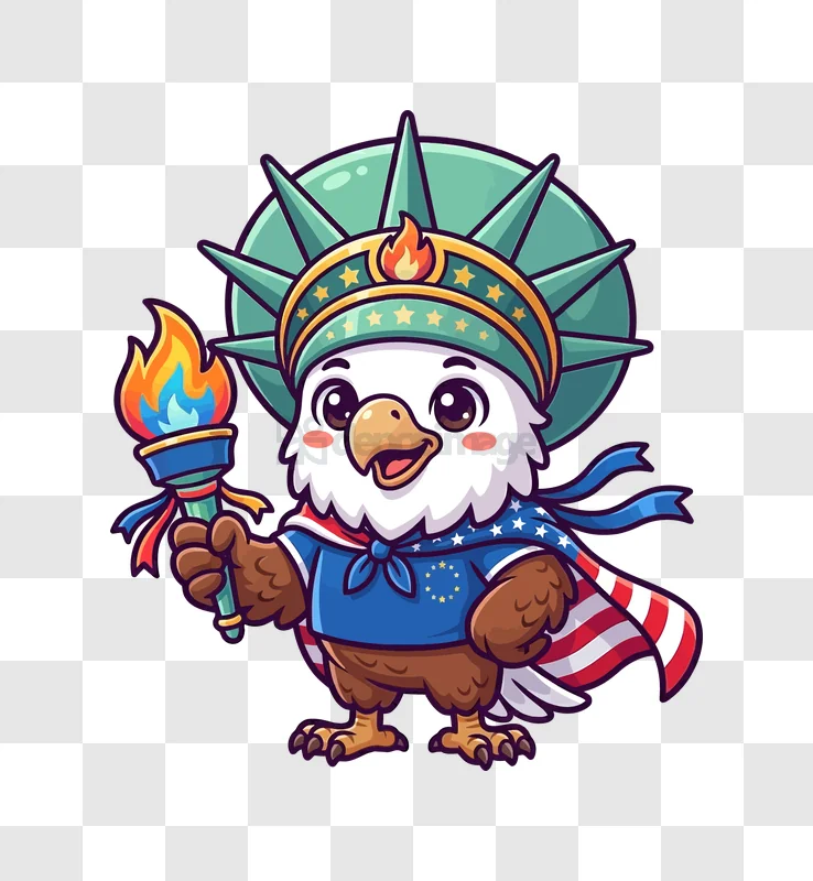Cute Eagle With Statue of Liberty Crown cartoon style vibrant colors