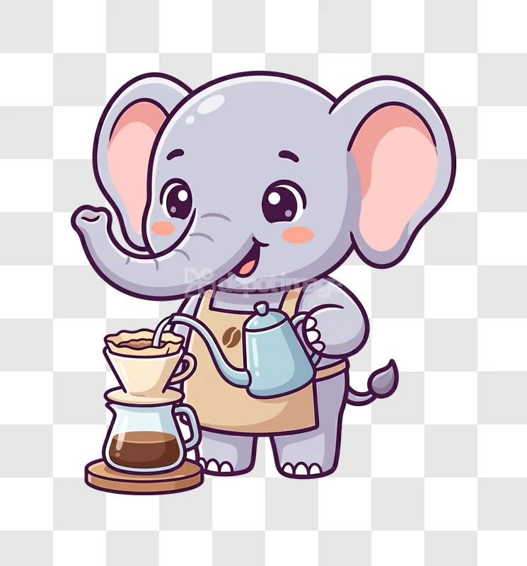 Cute Elephant Making Pour Over Coffee cartoon style gray pink
