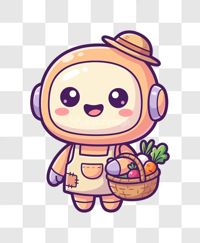 Cute Farming Robot Wearing Apron Holding Basket cartoon style transparent background