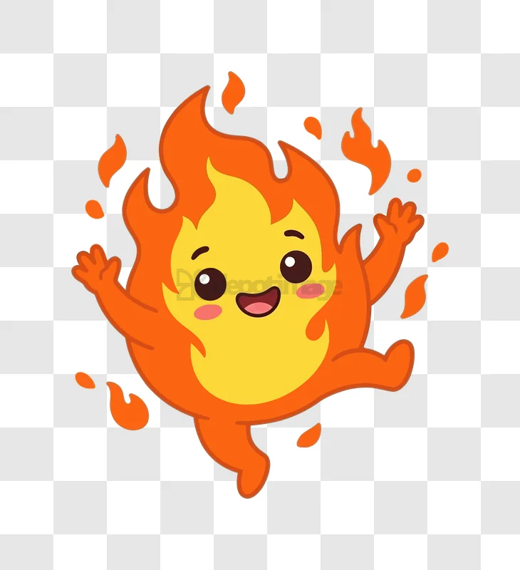 Cute Fire Character Cheerful and Playful cartoon orange yellow happy transparent