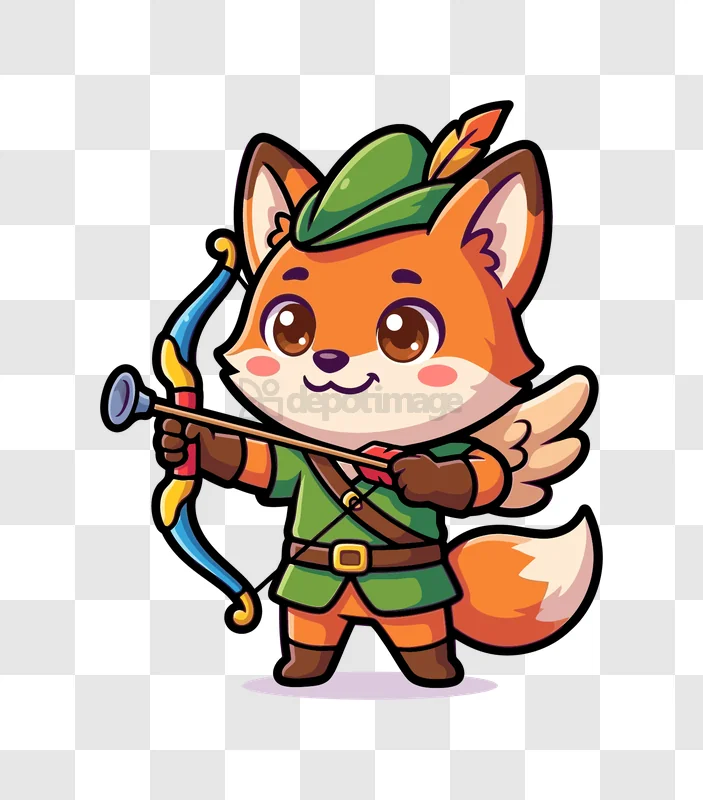 Cute Fox Archer Holding Bow Cartoon cartoon style orange green transparent background