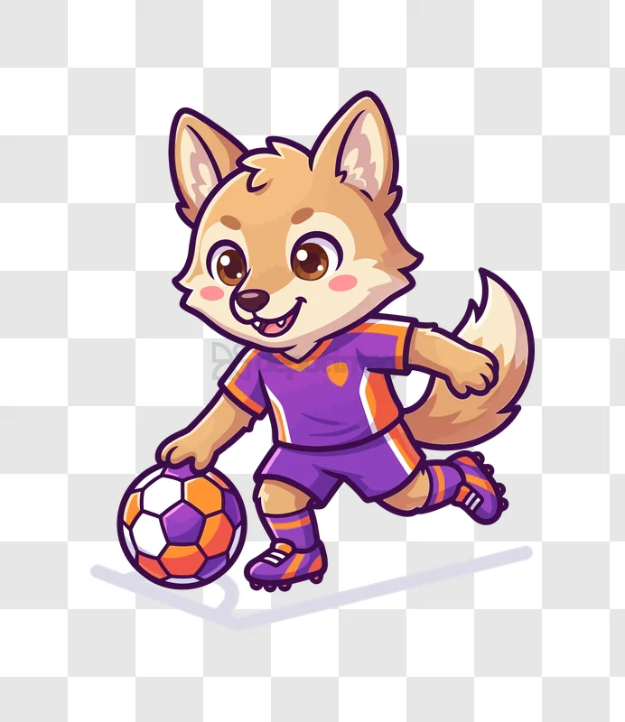 Cute Fox Kicking Soccer Ball cartoon style purple orange