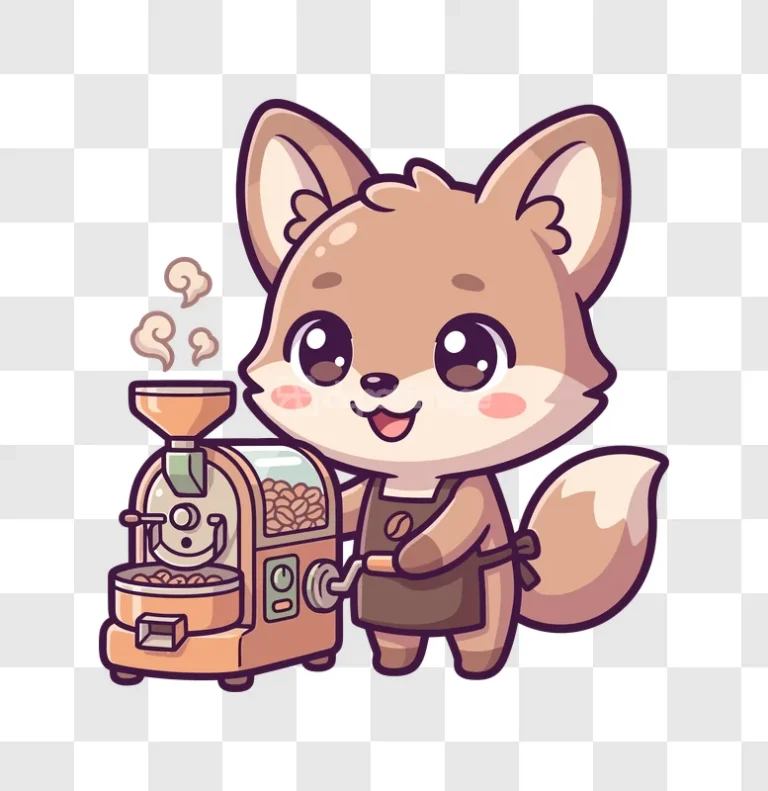Cute Fox Roasting Coffee Beans Cartoon adorable cartoon style transparent background