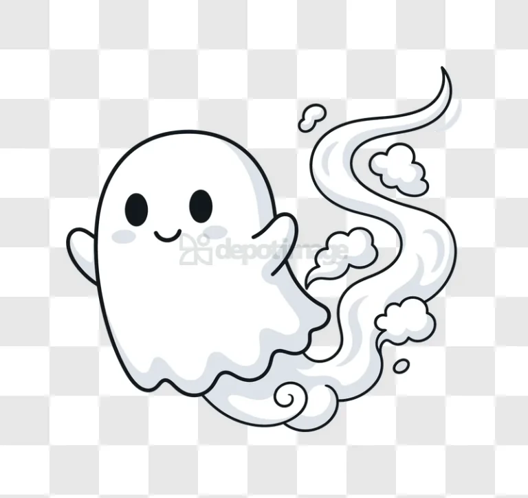 Cute Ghost Floating With Smoke Trail cartoon style transparent background