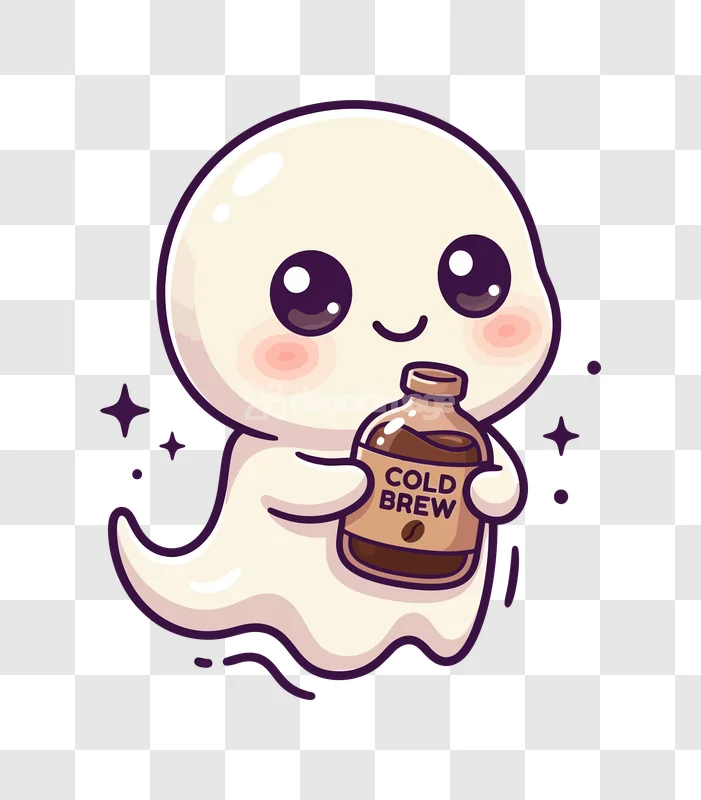 Cute Ghost Holding Cold Brew Coffee cartoon style transparent background