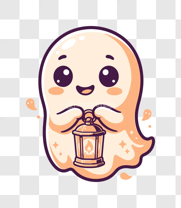 Cute Ghost Holding Lantern cartoon style, pale orange and purple, transparent background