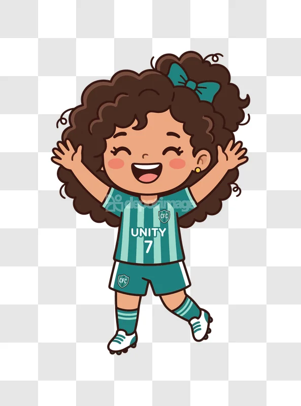 Cute Girl Soccer Player Cheering cartoon style teal uniform
