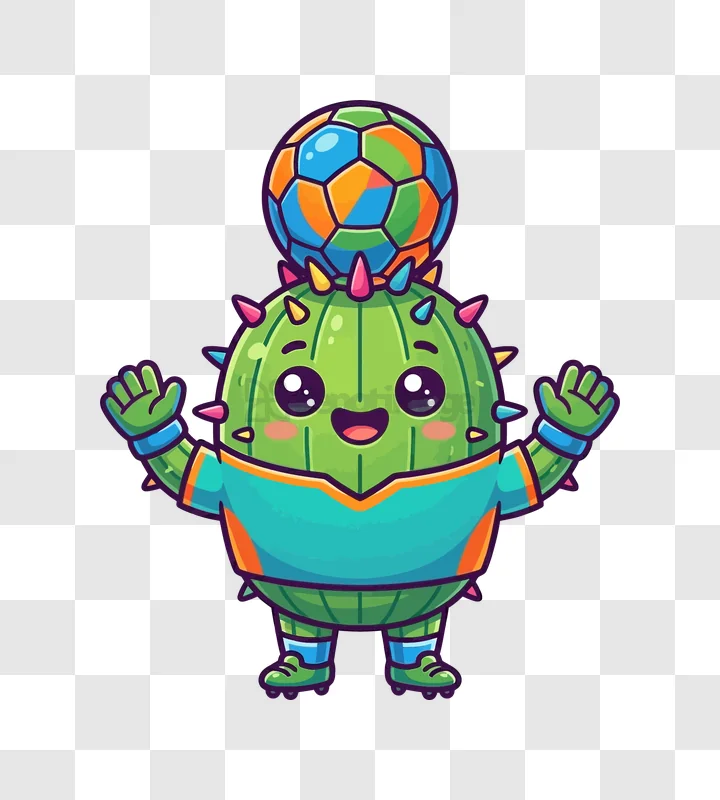 Cute Goalkeeper Cactus Holding Soccer Ball, cartoon style, green, colorful soccer ball, transparent background